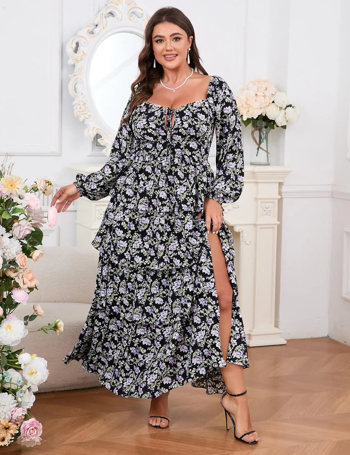 Womens Plus Size Floral Tiered Ruffle Long Sleeve Evening Party Wedding Guest Dress