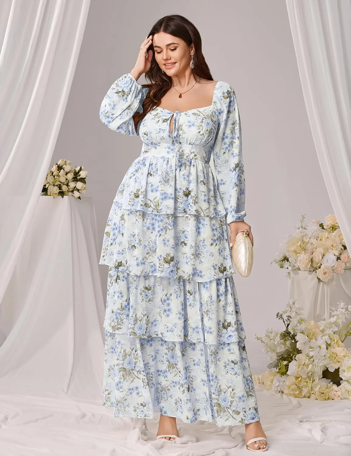 Womens Plus Size Floral Tiered Ruffle Long Sleeve Evening Party Wedding Guest Dress