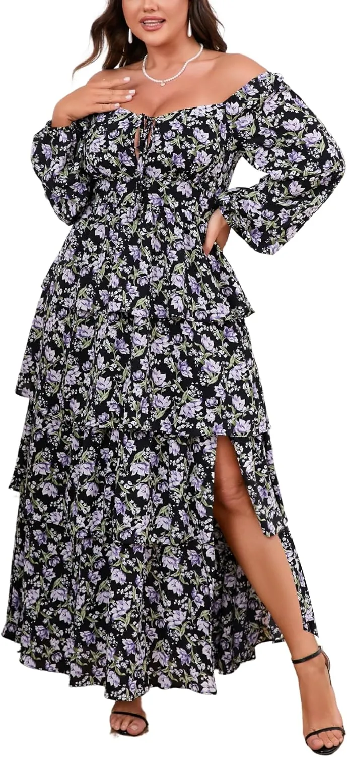 Womens Plus Size Floral Tiered Ruffle Long Sleeve Evening Party Wedding Guest Dress