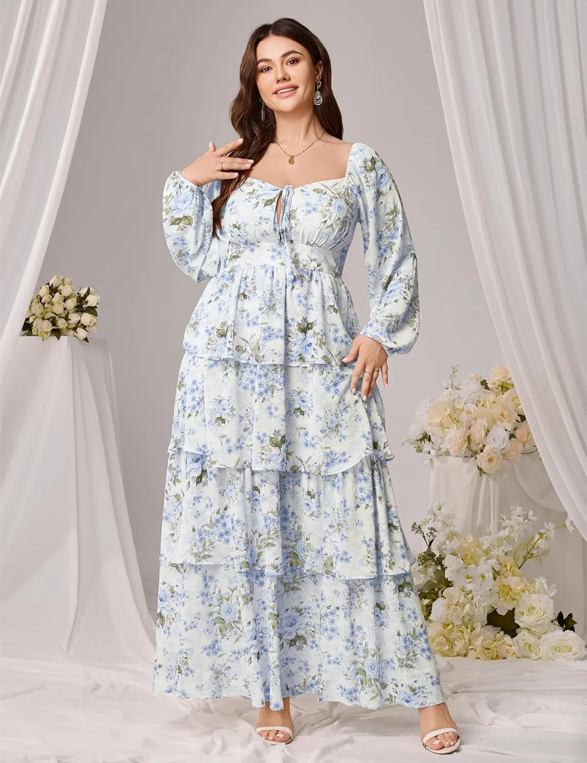 Womens Plus Size Floral Tiered Ruffle Long Sleeve Evening Party Wedding Guest Dress
